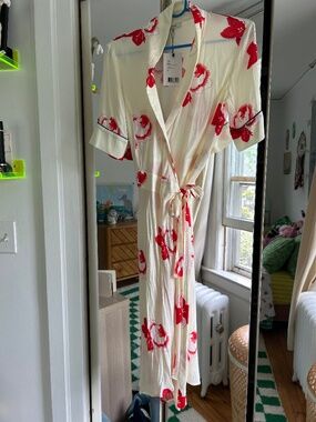 Ganni Cream and Red Floral Wrap Dress